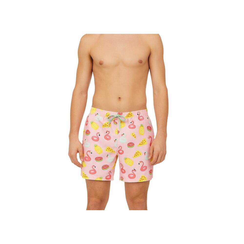 Party Sharks Men's Pink Swim Trunks Size L | Flamingo Pizza Pineapple Print